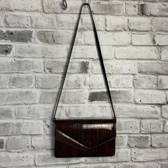 Vintage 80s Burgundy Eel Skin Shoulder Bag Crossbody Handbag Clutch Purse - Picture 1 of 16